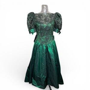 Vintage 80s Emerald Lace Taffeta Puff Sleeve Prom Dress Bow Back Gown S/M Party